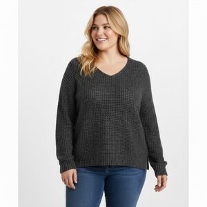 J Jill Tweed Tunic Sweater Women XL Black White V Neck Long Sleeves Cotton Blend